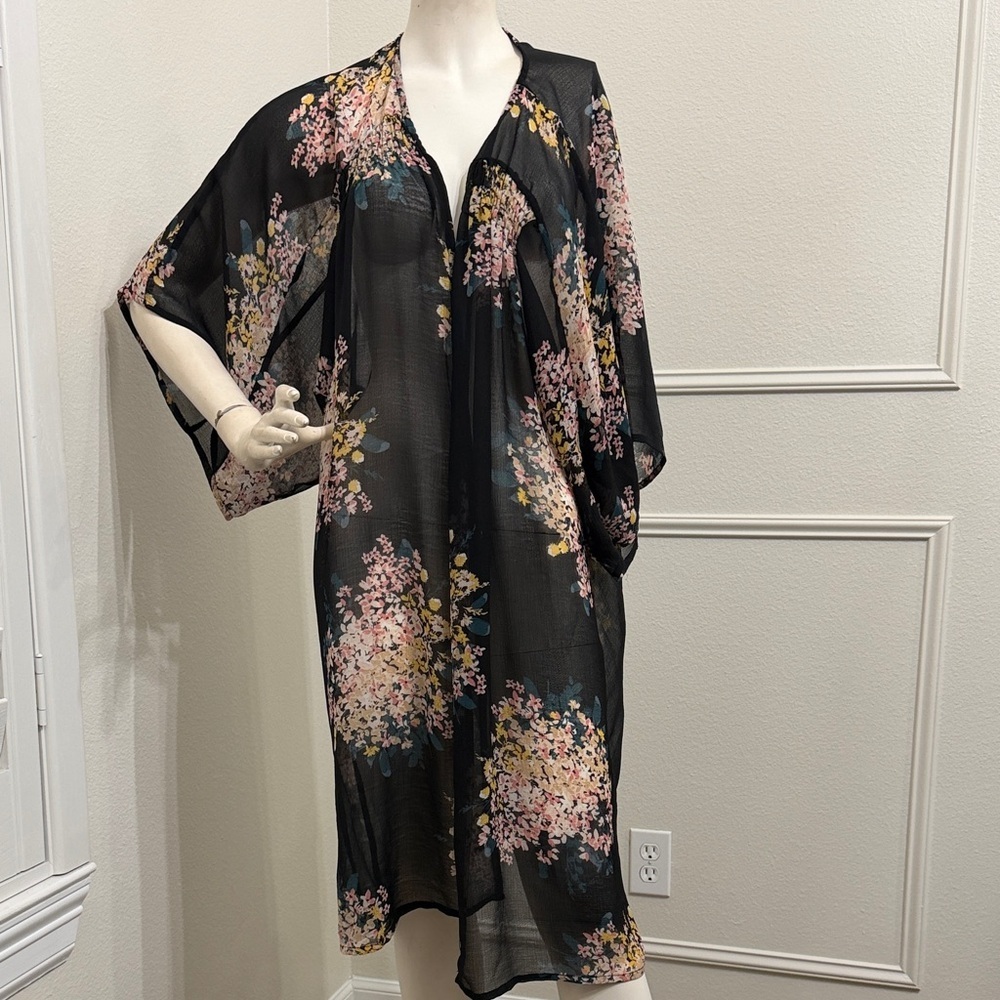 Maurices black floral long kimono swimsuit cover-up duster